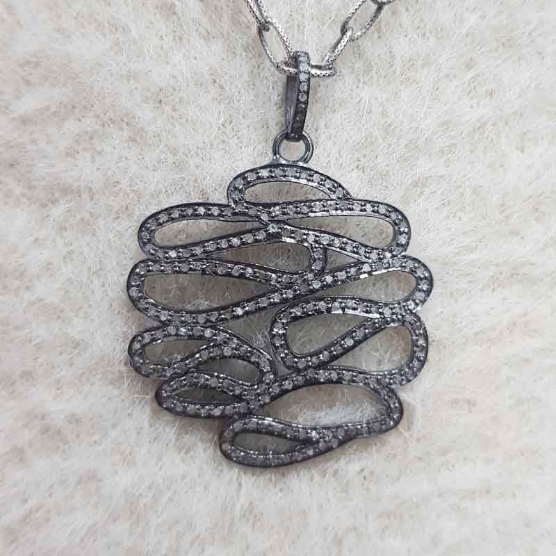 Zigzag Style Natural Pave Diamond Silver Pendant, Unique Stylish Necklace, Gift For Mom