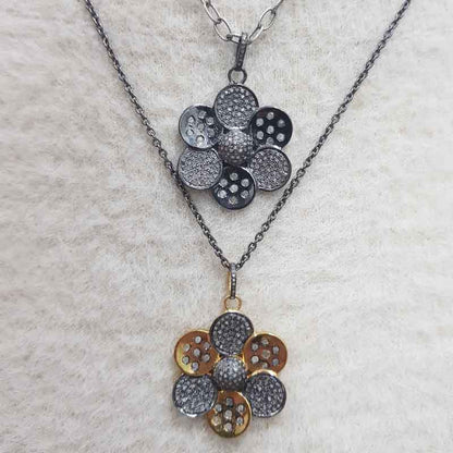 Glorious Two Tone Pave Diamond Flower Pendant, Personalized Gift For Love, Anniversary Gift