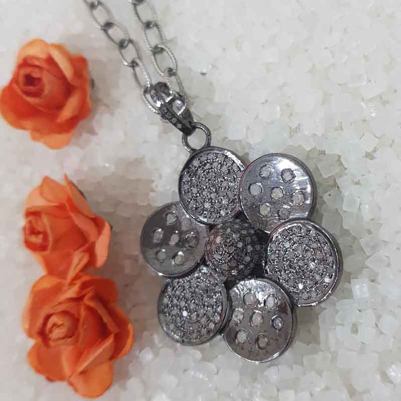 Glorious Two Tone Pave Diamond Flower Pendant, Personalized Gift For Love, Anniversary Gift