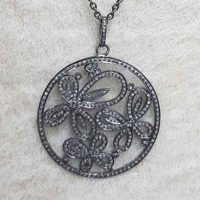 Round Designer Flower Style Pave Diamond Fancy Pendant, Silver Jewelry