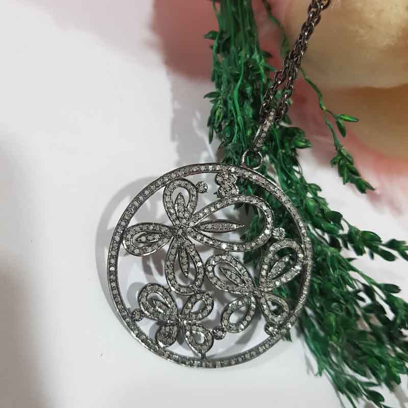 Round Designer Flower Style Pave Diamond Fancy Pendant, Silver Jewelry