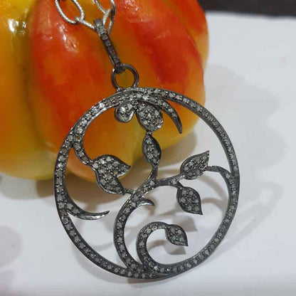 Natural Pave Diamond Leaf Style Round Designer Pendant, Designer Leaf Round Pendant