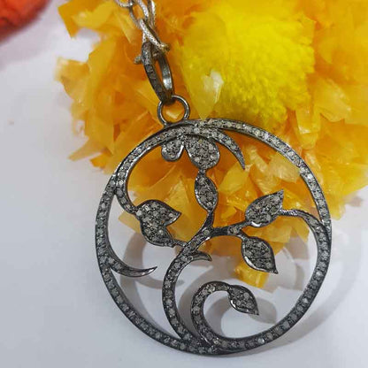 Natural Pave Diamond Leaf Style Round Designer Pendant, Designer Leaf Round Pendant