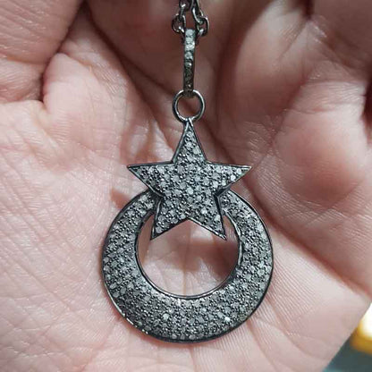 Pave Diamond Moon With Star Pendant, Personalized Gift For Love, Wedding Gift