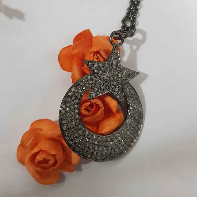 Pave Diamond Moon With Star Pendant, Personalized Gift For Love, Wedding Gift