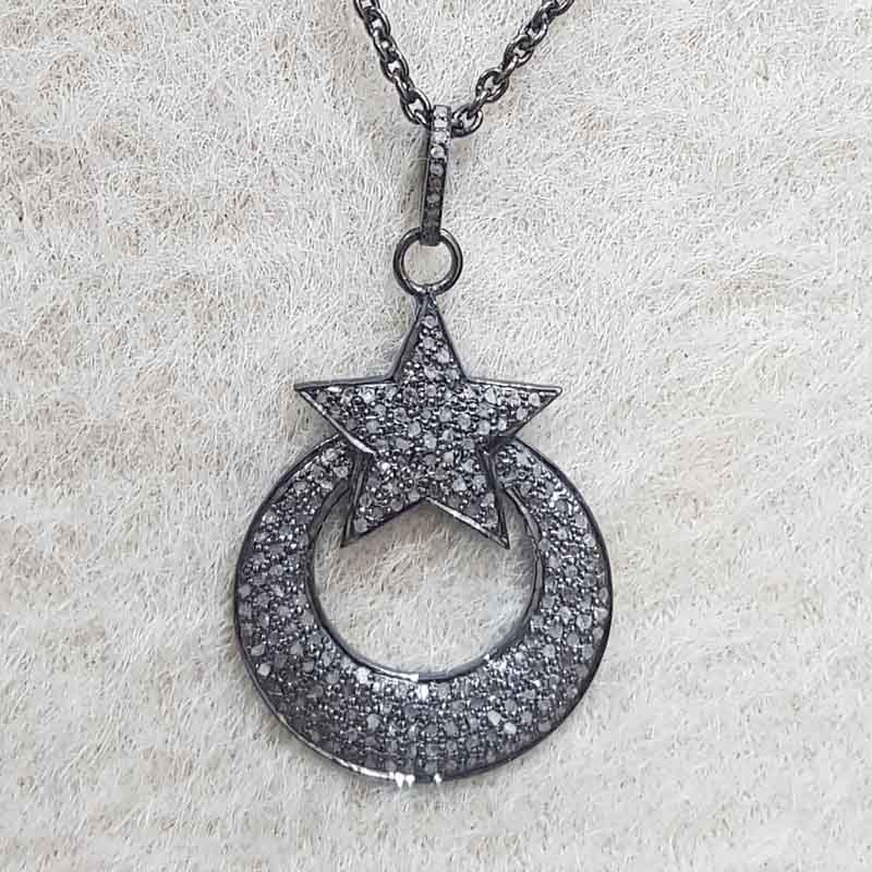 Pave Diamond Moon With Star Pendant, Personalized Gift For Love, Wedding Gift