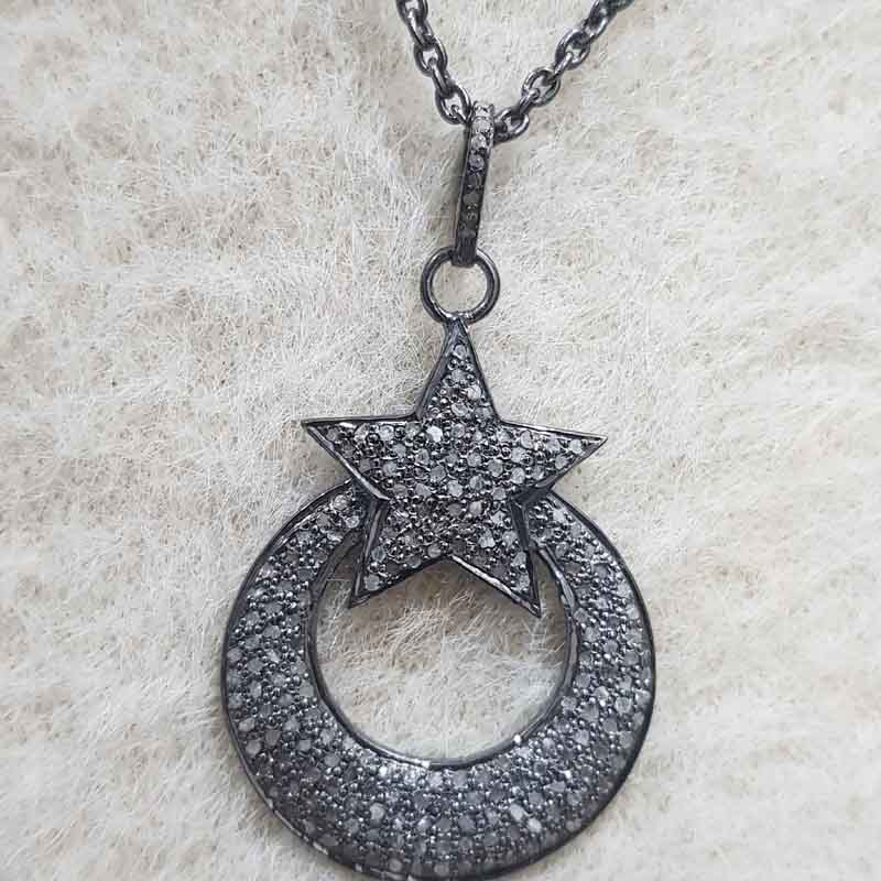 Pave Diamond Moon With Star Pendant, Personalized Gift For Love, Wedding Gift