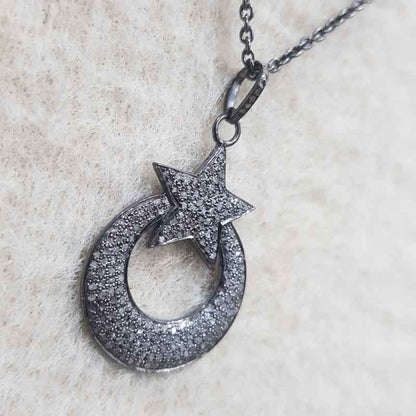 Pave Diamond Moon With Star Pendant, Personalized Gift For Love, Wedding Gift