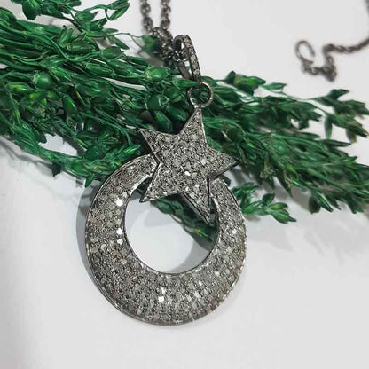 Pave Diamond Moon With Star Pendant, Personalized Gift For Love, Wedding Gift