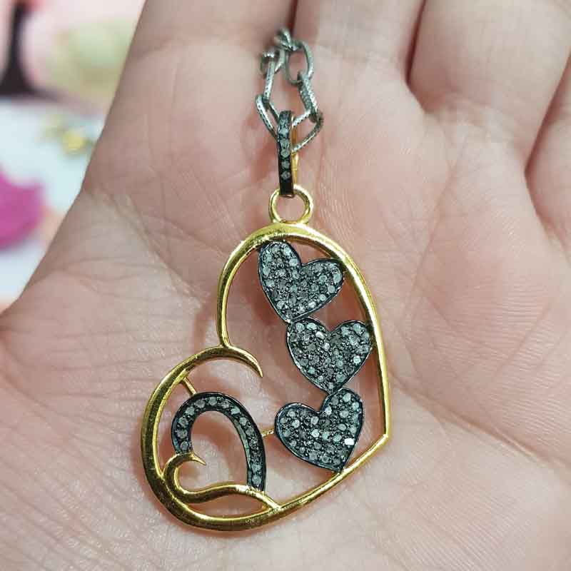 Handmade Style Pave Diamond Heart With Multi Joined Hearts Pendant, Valentine's Day Gift, Silver Jewelry