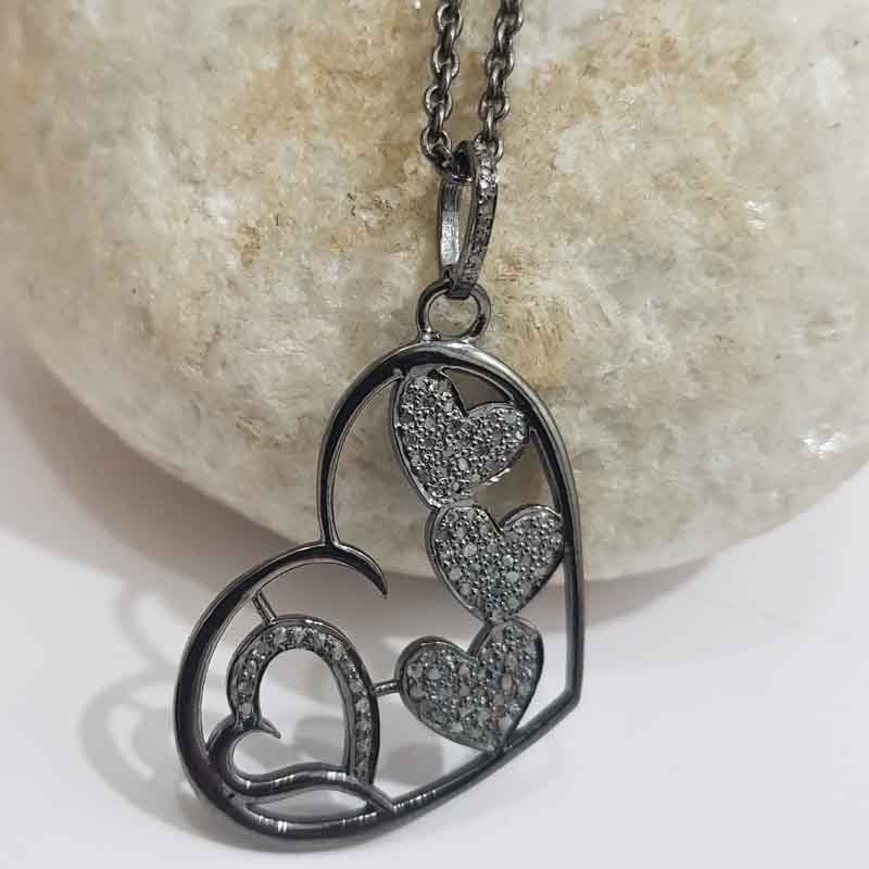 Handmade Style Pave Diamond Heart With Multi Joined Hearts Pendant, Valentine's Day Gift, Silver Jewelry