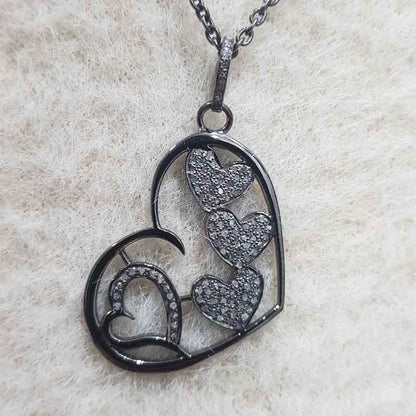 Handmade Style Pave Diamond Heart With Multi Joined Hearts Pendant, Valentine's Day Gift, Silver Jewelry