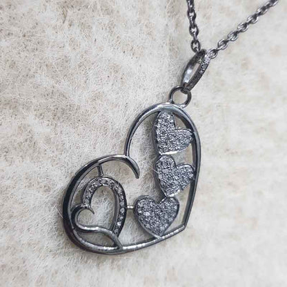 Handmade Style Pave Diamond Heart With Multi Joined Hearts Pendant, Valentine's Day Gift, Silver Jewelry