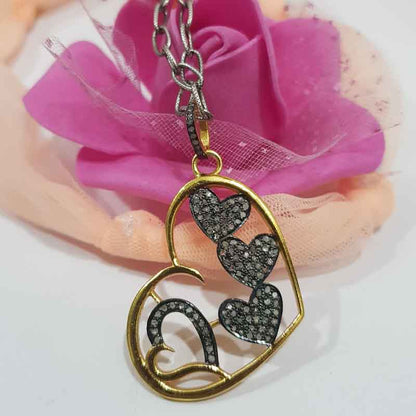 Handmade Style Pave Diamond Heart With Multi Joined Hearts Pendant, Valentine's Day Gift, Silver Jewelry