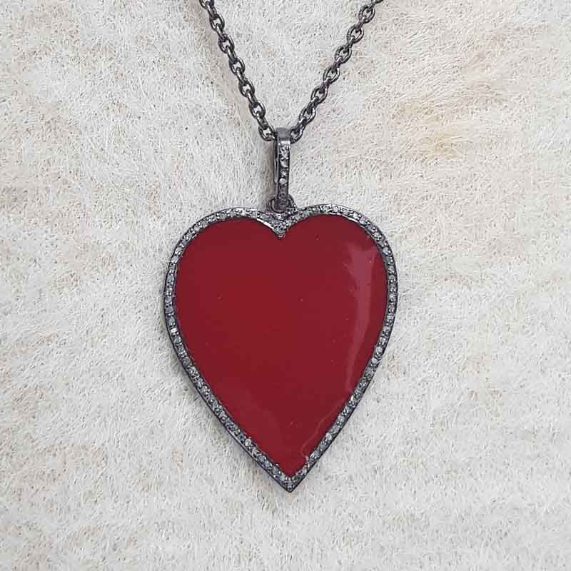 Red Enamel Heart Pendent With Pave Diamond Layers, Gift For Lovers, Valentine's Day Gift