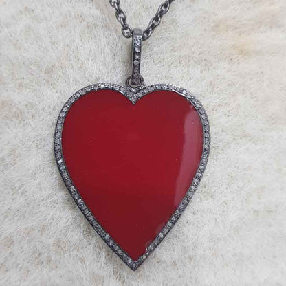 Red Enamel Heart Pendent With Pave Diamond Layers, Gift For Lovers, Valentine's Day Gift