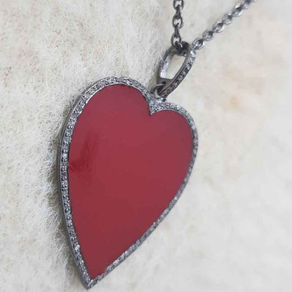 Red Enamel Heart Pendent With Pave Diamond Layers, Gift For Lovers, Valentine's Day Gift