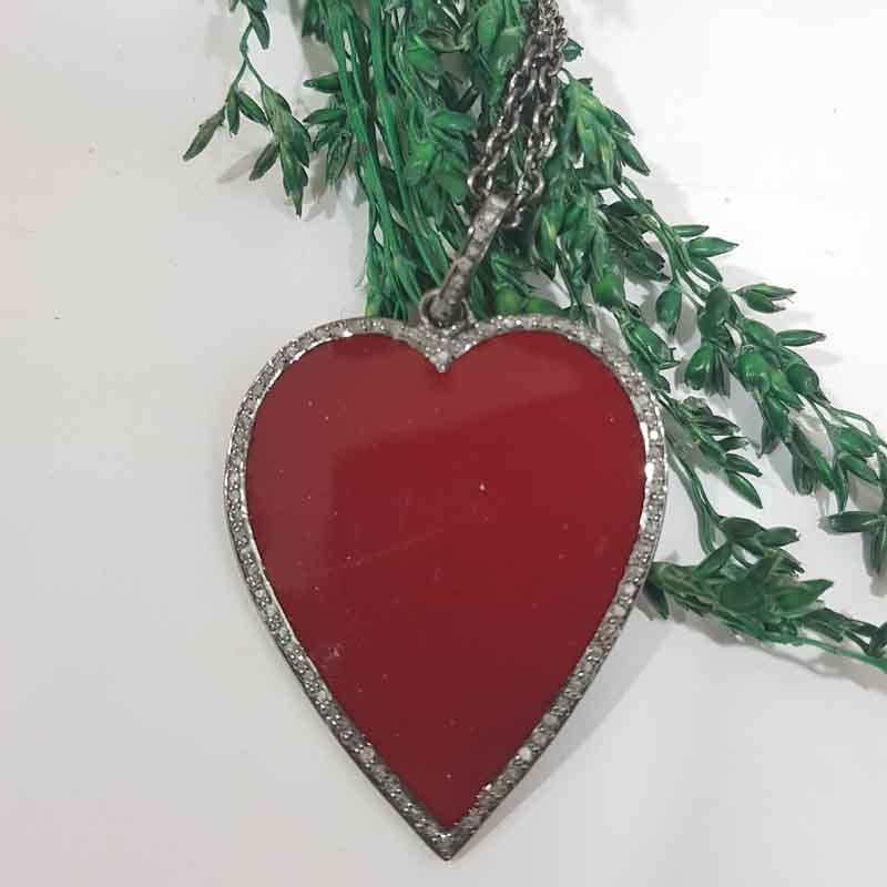 Red Enamel Heart Pendent With Pave Diamond Layers, Gift For Lovers, Valentine's Day Gift