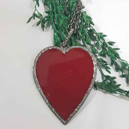 Red Enamel Heart Pendent With Pave Diamond Layers, Gift For Lovers, Valentine's Day Gift