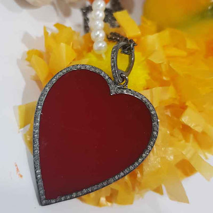 Red Enamel Heart Pendent With Pave Diamond Layers, Gift For Lovers, Valentine's Day Gift