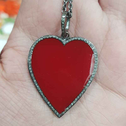 Red Enamel Heart Pendent With Pave Diamond Layers, Gift For Lovers, Valentine's Day Gift