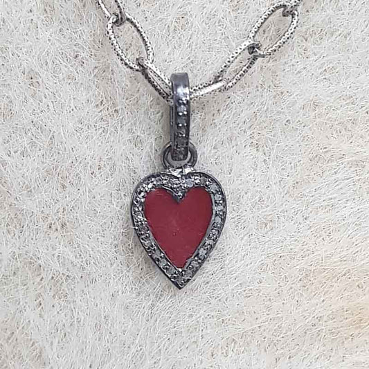 Small Beautiful Pave Diamond Red Enamel Heart Pendant, Minimalist Heart Pendant, Gift For Girlfriend