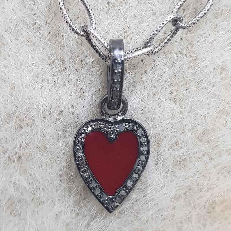 Small Beautiful Pave Diamond Red Enamel Heart Pendant, Minimalist Heart Pendant, Gift For Girlfriend