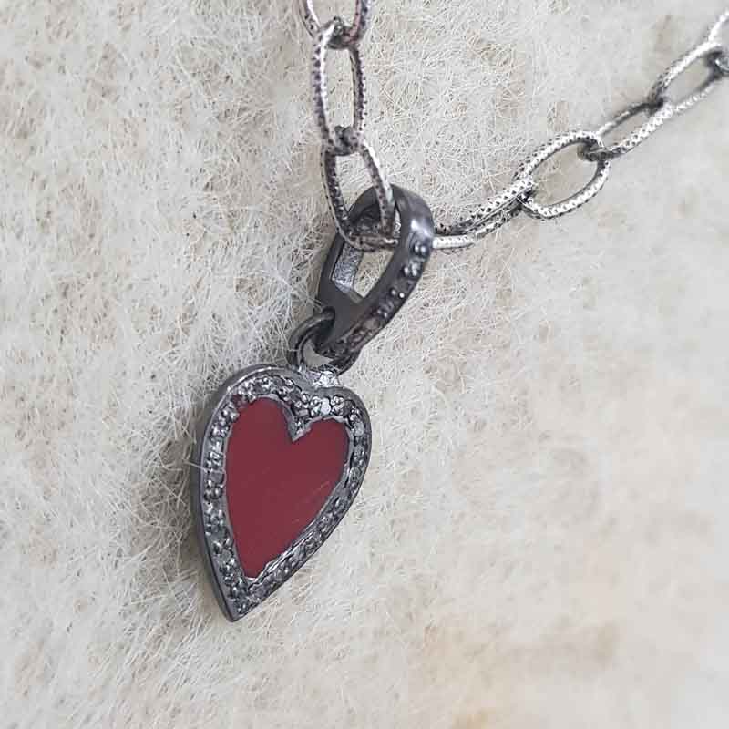 Small Beautiful Pave Diamond Red Enamel Heart Pendant, Minimalist Heart Pendant, Gift For Girlfriend