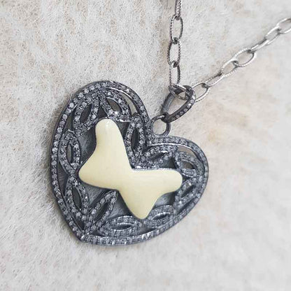 Fancy Designer Heart Pendant With Cream Enamel And Pave Layers, Romantic Heart Pendant Necklace, Perfect for Loved Ones, Silver Jewelry