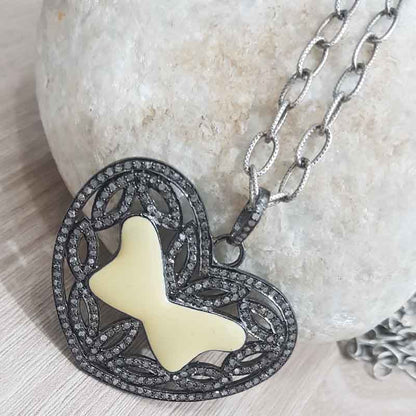 Fancy Designer Heart Pendant With Cream Enamel And Pave Layers, Romantic Heart Pendant Necklace, Perfect for Loved Ones, Silver Jewelry