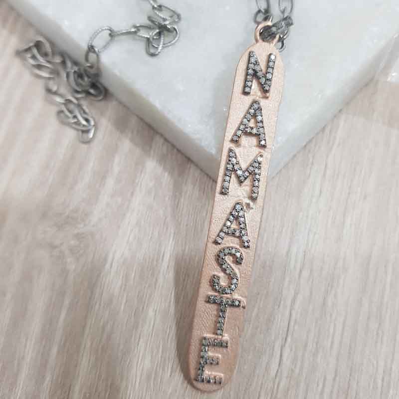 Namaste Designer Latter Pendant With Rose Gold Rhodium Plate, Gift For Mom Dad, Gift For Parents,