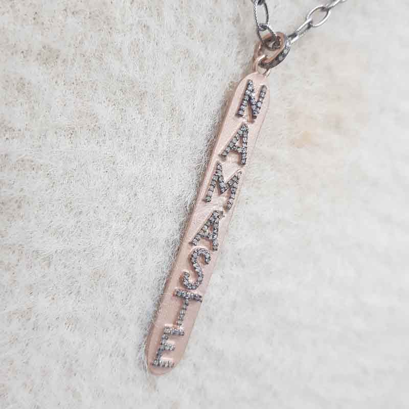 Namaste Designer Latter Pendant With Rose Gold Rhodium Plate, Gift For Mom Dad, Gift For Parents,