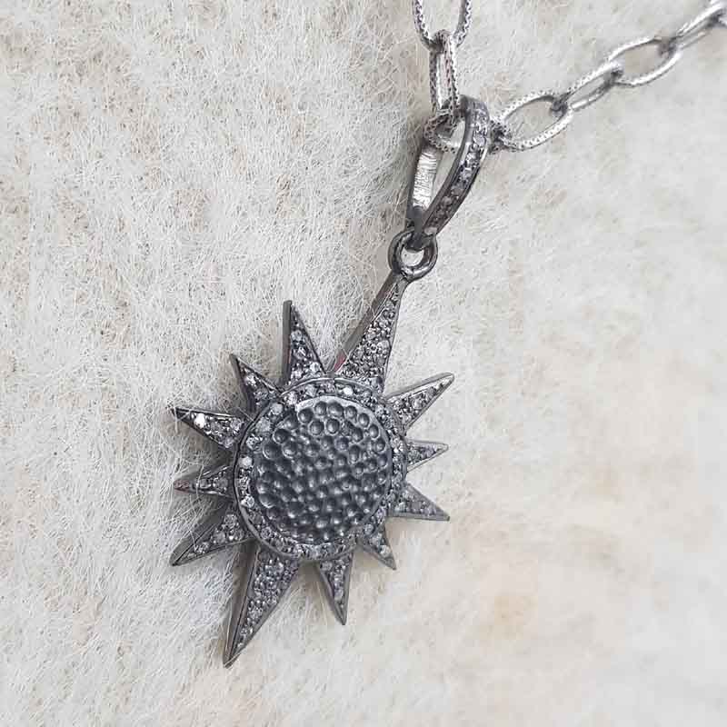 Sunburst Designer Pave Diamond Fancy Pendant, Amazing Sun Necklace, Gift For Mom, Silver Jewelry