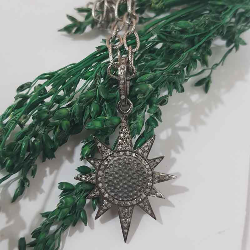 Sunburst Designer Pave Diamond Fancy Pendant, Amazing Sun Necklace, Gift For Mom, Silver Jewelry