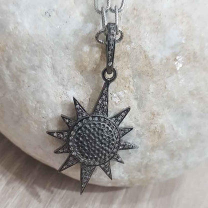 Sunburst Designer Pave Diamond Fancy Pendant, Amazing Sun Necklace, Gift For Mom, Silver Jewelry