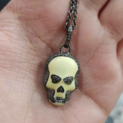 Yellow Enamel Pave Diamond Fancy Designer Skull Pendant, Halloween Special Jewelry, Gift For Someone