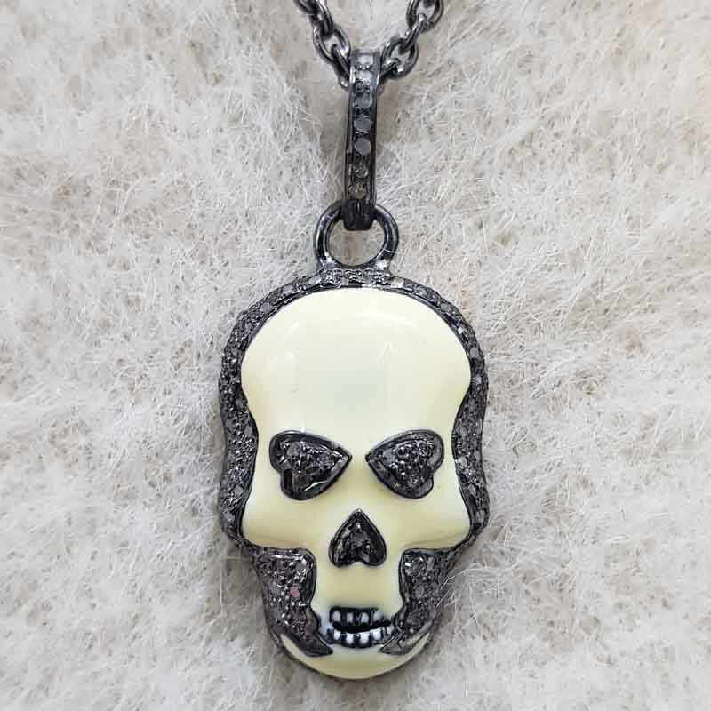 Yellow Enamel Pave Diamond Fancy Designer Skull Pendant, Halloween Special Jewelry, Gift For Someone