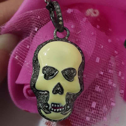 Yellow Enamel Pave Diamond Fancy Designer Skull Pendant, Halloween Special Jewelry, Gift For Someone