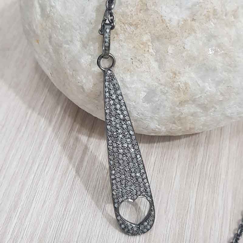 Beautifully Designed Pave Diamond Heart Designer Long Pendant, Anniversary Gift, Silver Jewelry