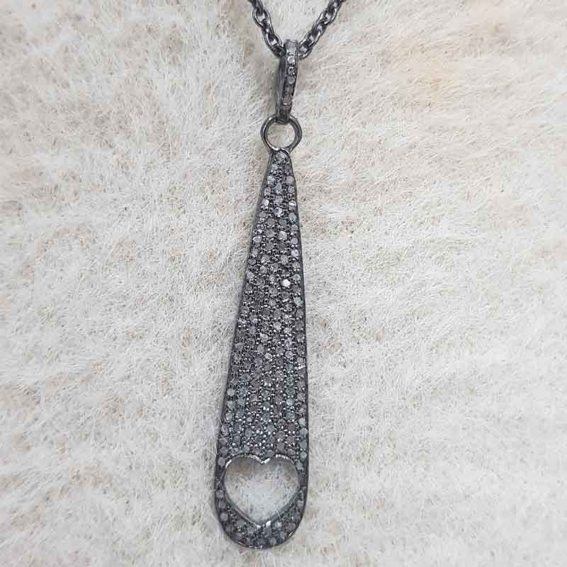 Beautifully Designed Pave Diamond Heart Designer Long Pendant, Anniversary Gift, Silver Jewelry