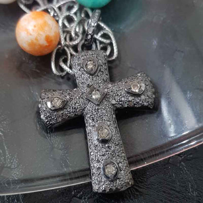 Small Cross Designer Pendant With Two Tone Pave Diamond Layers, Christmas Day Special Gift