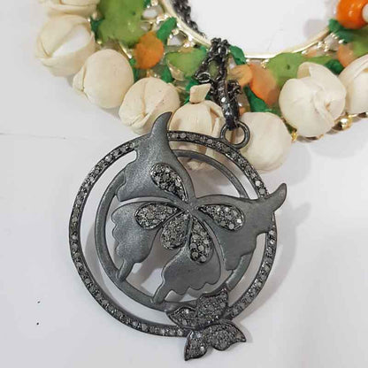 Matte Finish Designer Butterfly With 2 Circle Pave Diamond Pendant, Classic Butterfly Necklace