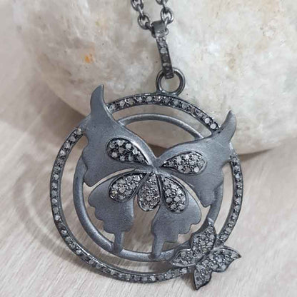 Matte Finish Designer Butterfly With 2 Circle Pave Diamond Pendant, Classic Butterfly Necklace