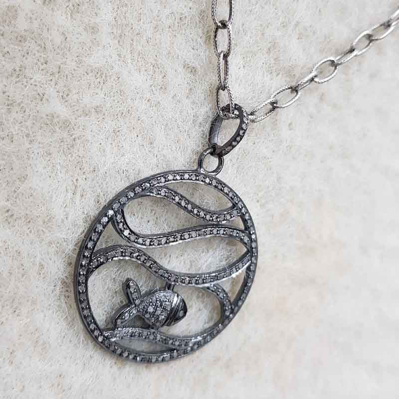 Antique Finish Designer Round With Little Fish Pave Diamond Silver Pendant, Gift For Someone