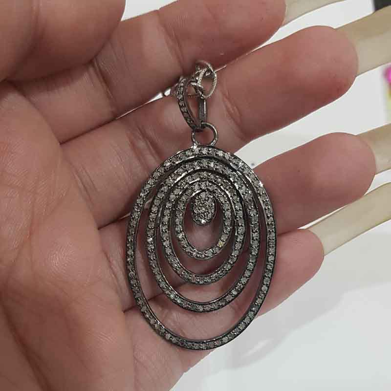 4 Layer Of Pave Diamond Oval Style Silver Pendant, Fancy Necklace, Gift For Someone