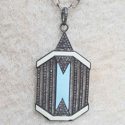 Turquoise Enamal With Graceful Pave Diamond Layers Silver Tag pendant, Enamel Fancy Necklace, Gift For Her, Him