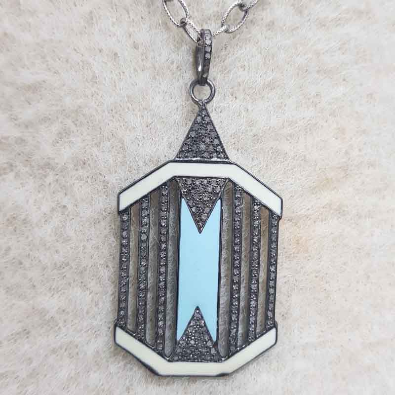 Turquoise Enamal With Graceful Pave Diamond Layers Silver Tag pendant, Enamel Fancy Necklace, Gift For Her, Him