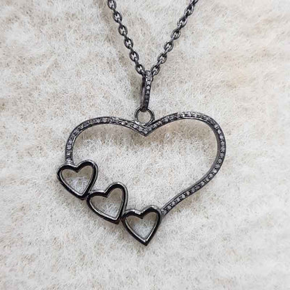 3 Joined Heart In Big Heart Pave Diamond Pendant, Couple Gift, Valentine's Day Gift