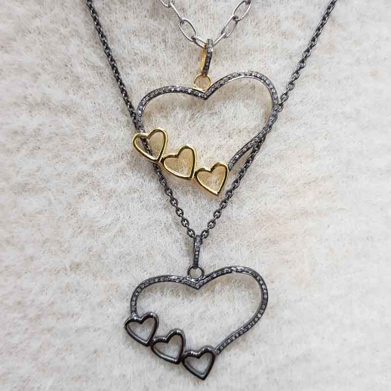 3 Joined Heart In Big Heart Pave Diamond Pendant, Couple Gift, Valentine's Day Gift