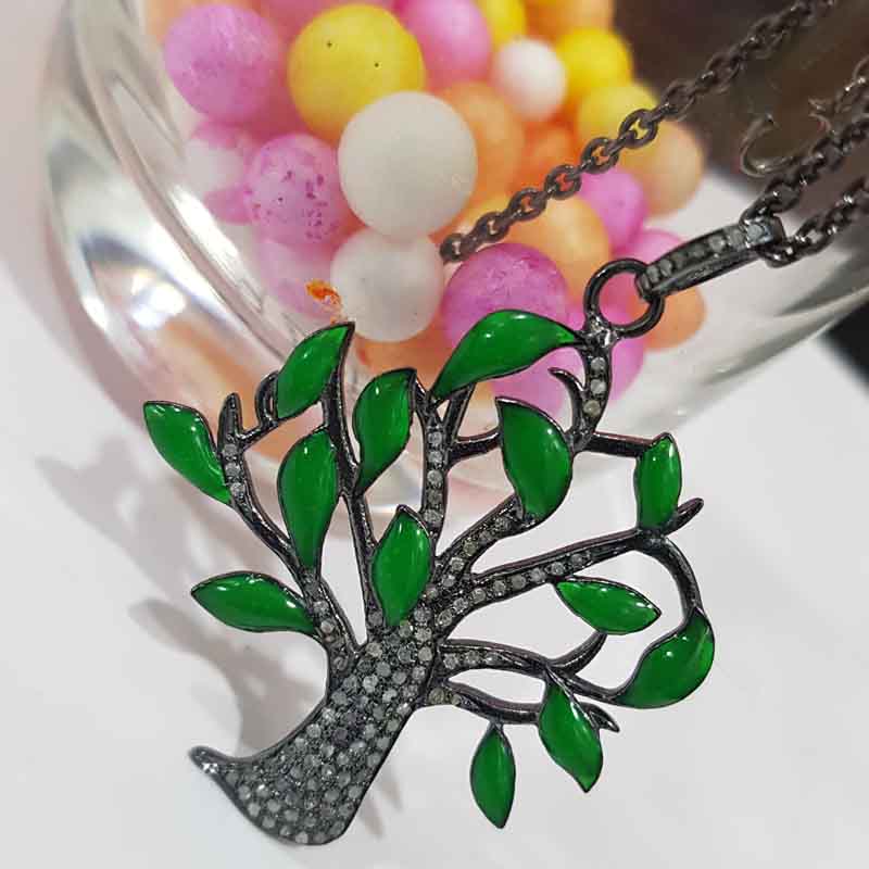 Glorious Green Enamel Tree Pendant With Pave Layers, Tree Necklace, Gift For Someone